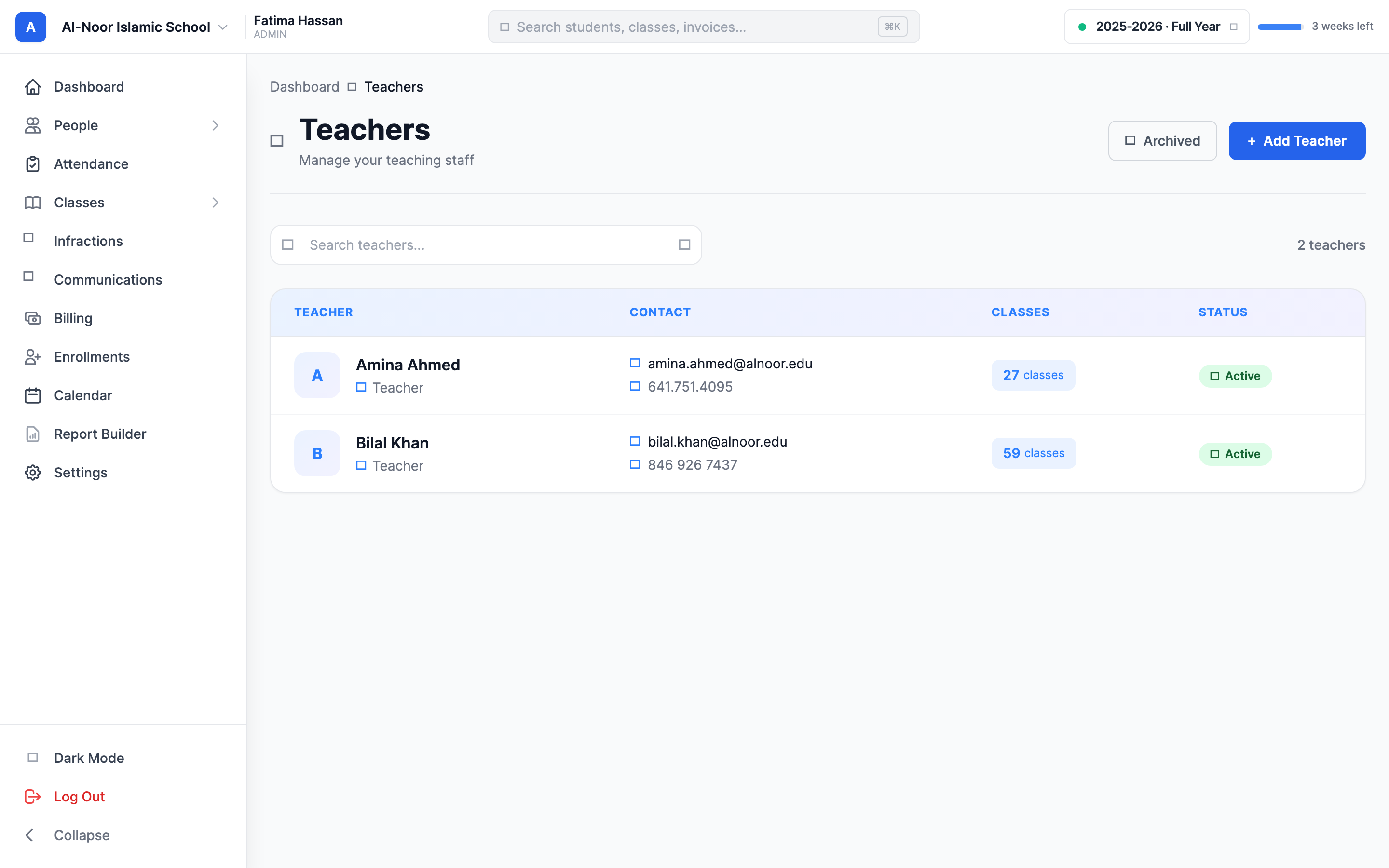 The Teachers page for a school, showing the staff list table with each teacher's name and email, the search box, and the header buttons Archived and the blue Add Teacher button.