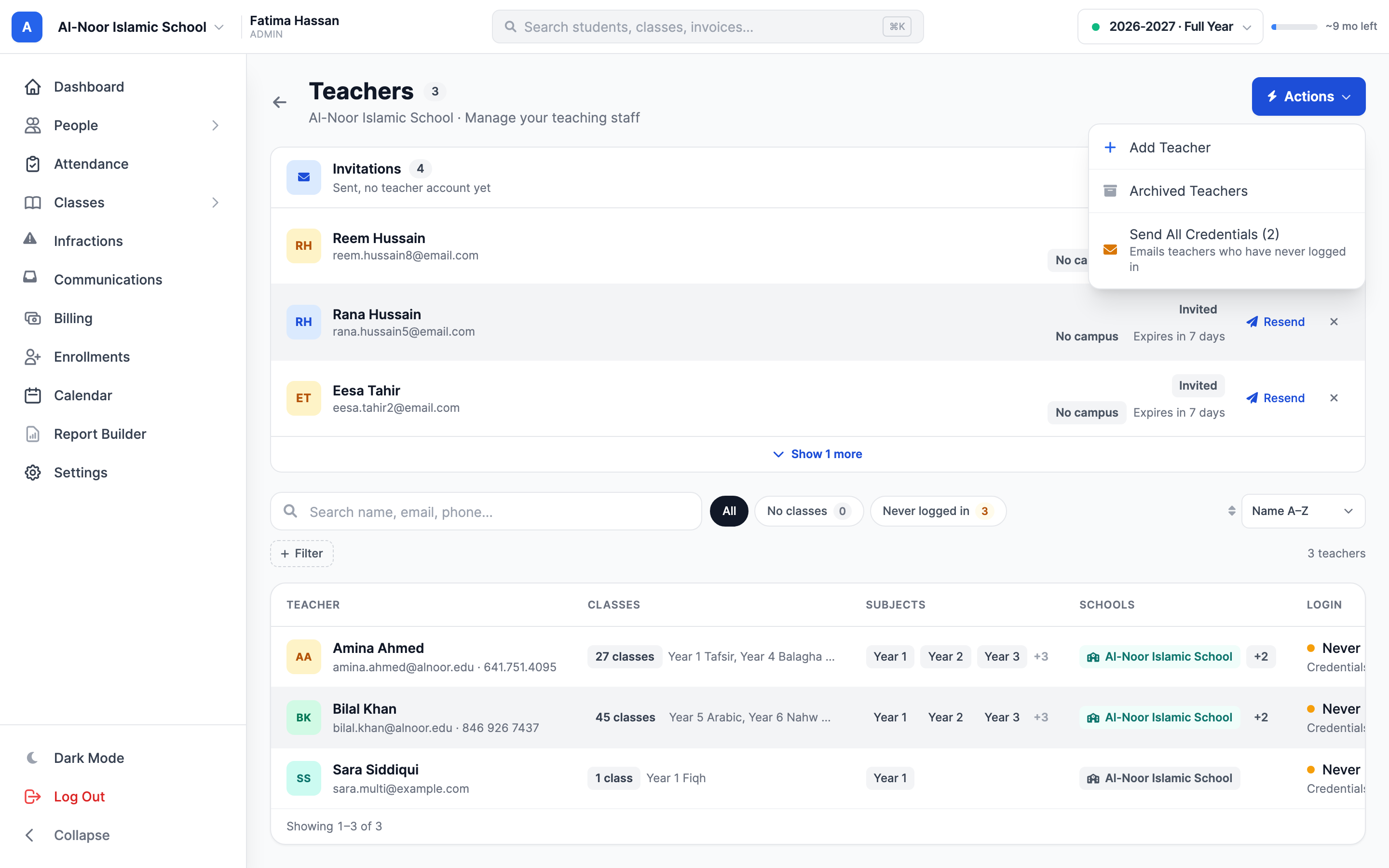 The Teachers page with its Actions menu open above the staff roster.