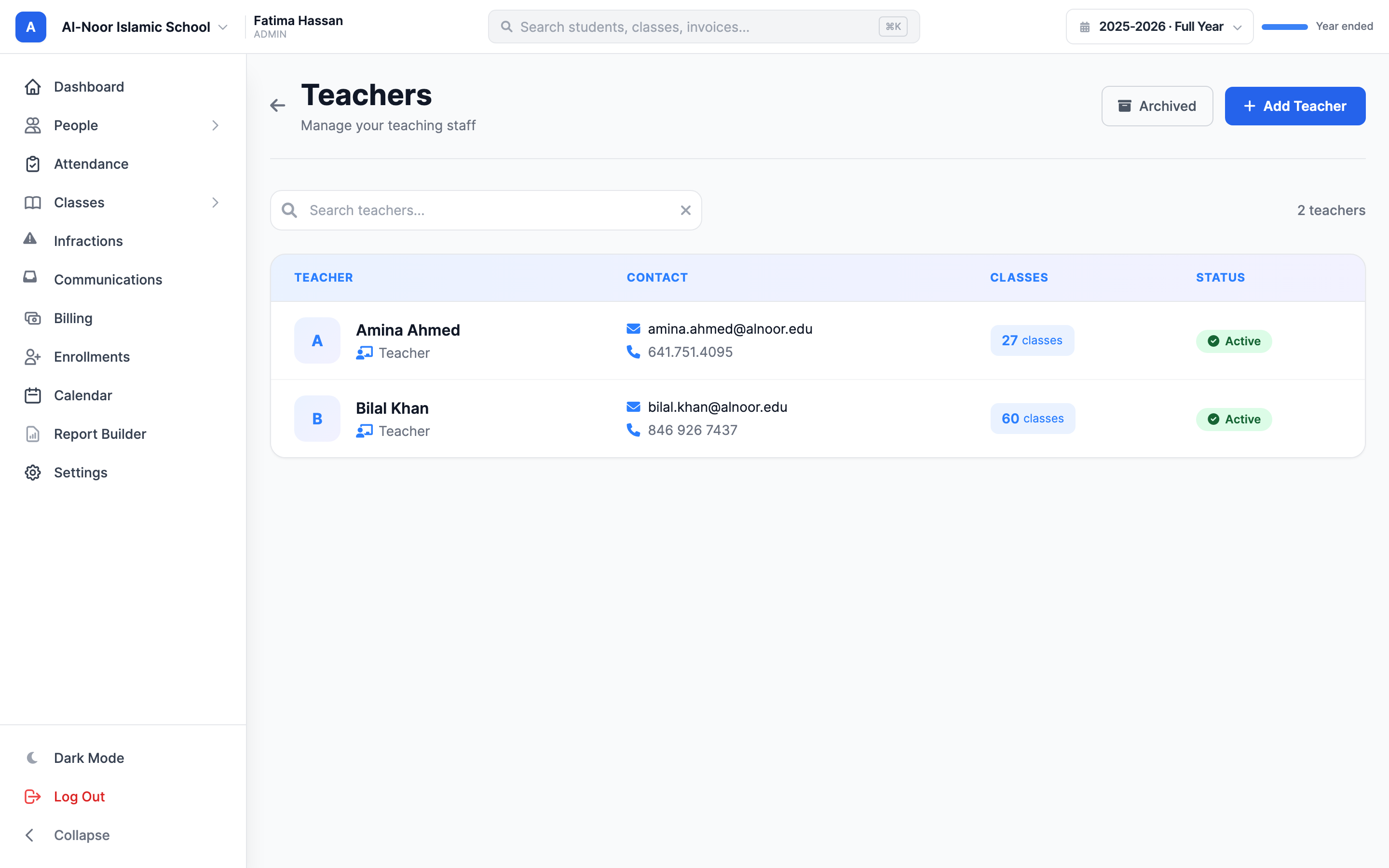 The Teachers page for a school, showing the staff list table with each teacher's name and email, the search box, and the header buttons Archived and the blue Add Teacher button.