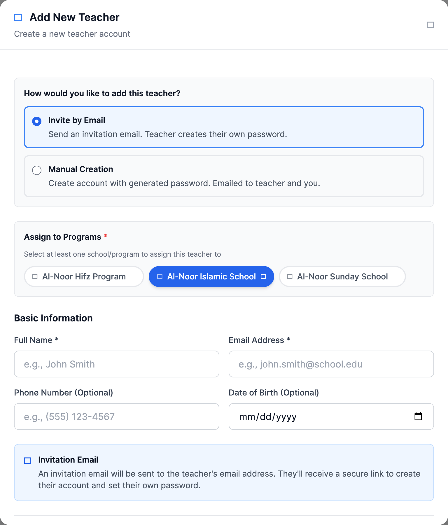 The Add New Teacher window showing the two creation options (Invite by Email and Manual Creation), the Assign to Programs school pills, the Full Name and Email Address fields, and the blue Send Invitation button.