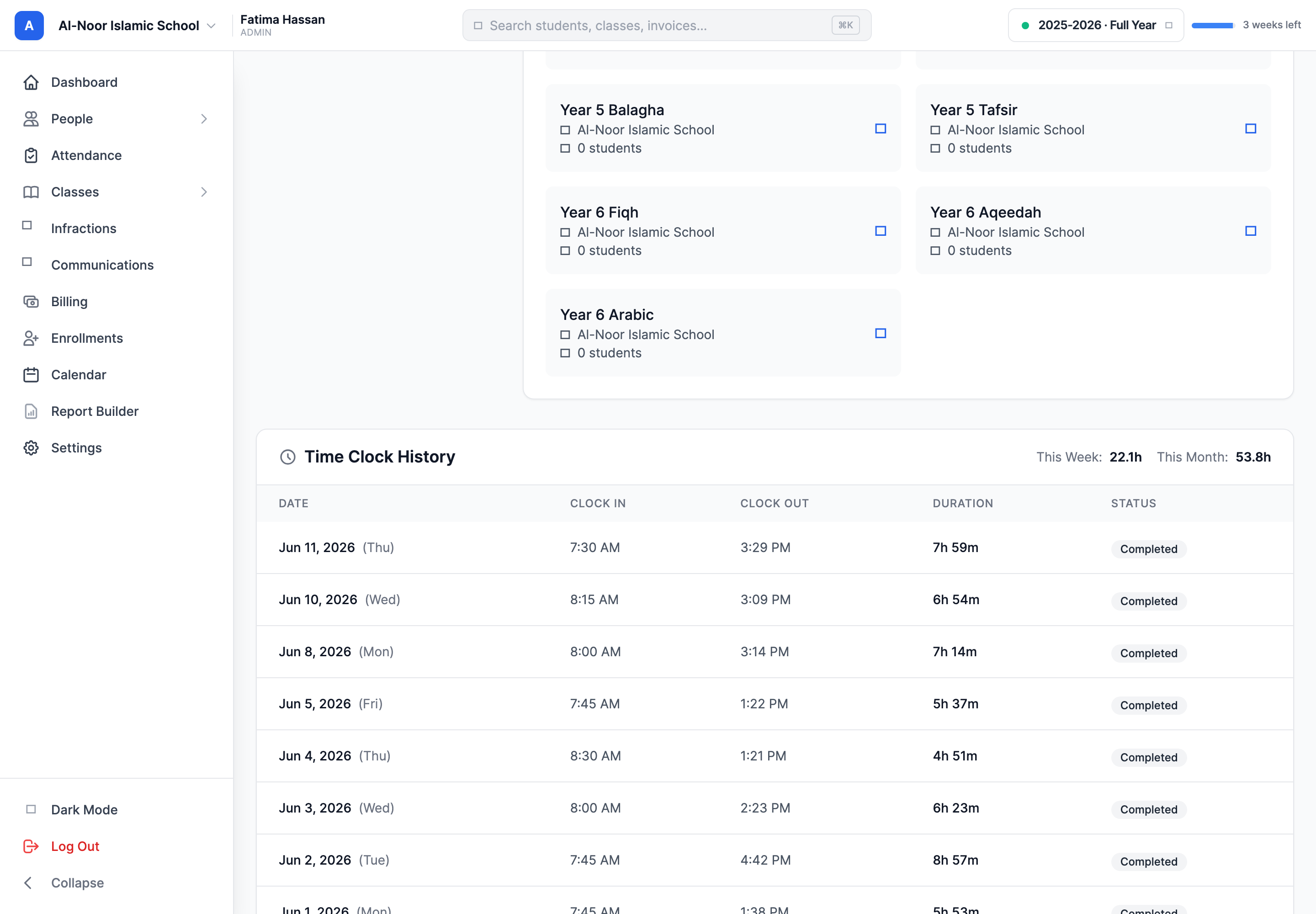 The Time Clock History table on a teacher's profile, showing columns for Date, Clock In, Clock Out, Duration, and Status, with This Week and This Month hour totals in the header.