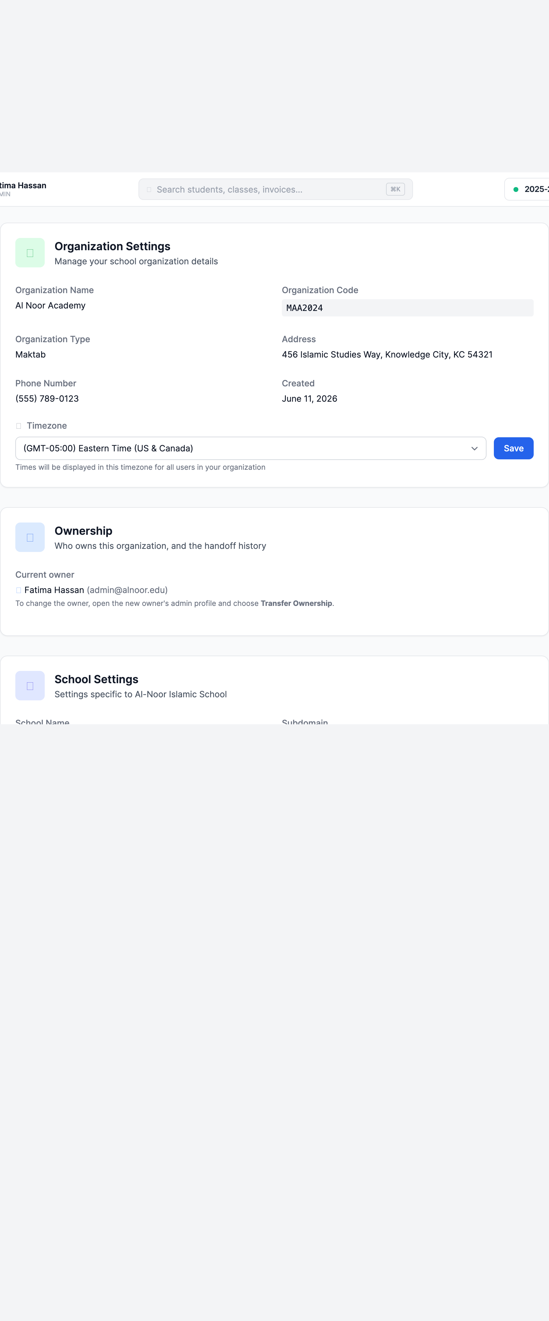 The Timezone setting on the Settings page, with a dropdown of timezones used to set the organization-wide timezone.