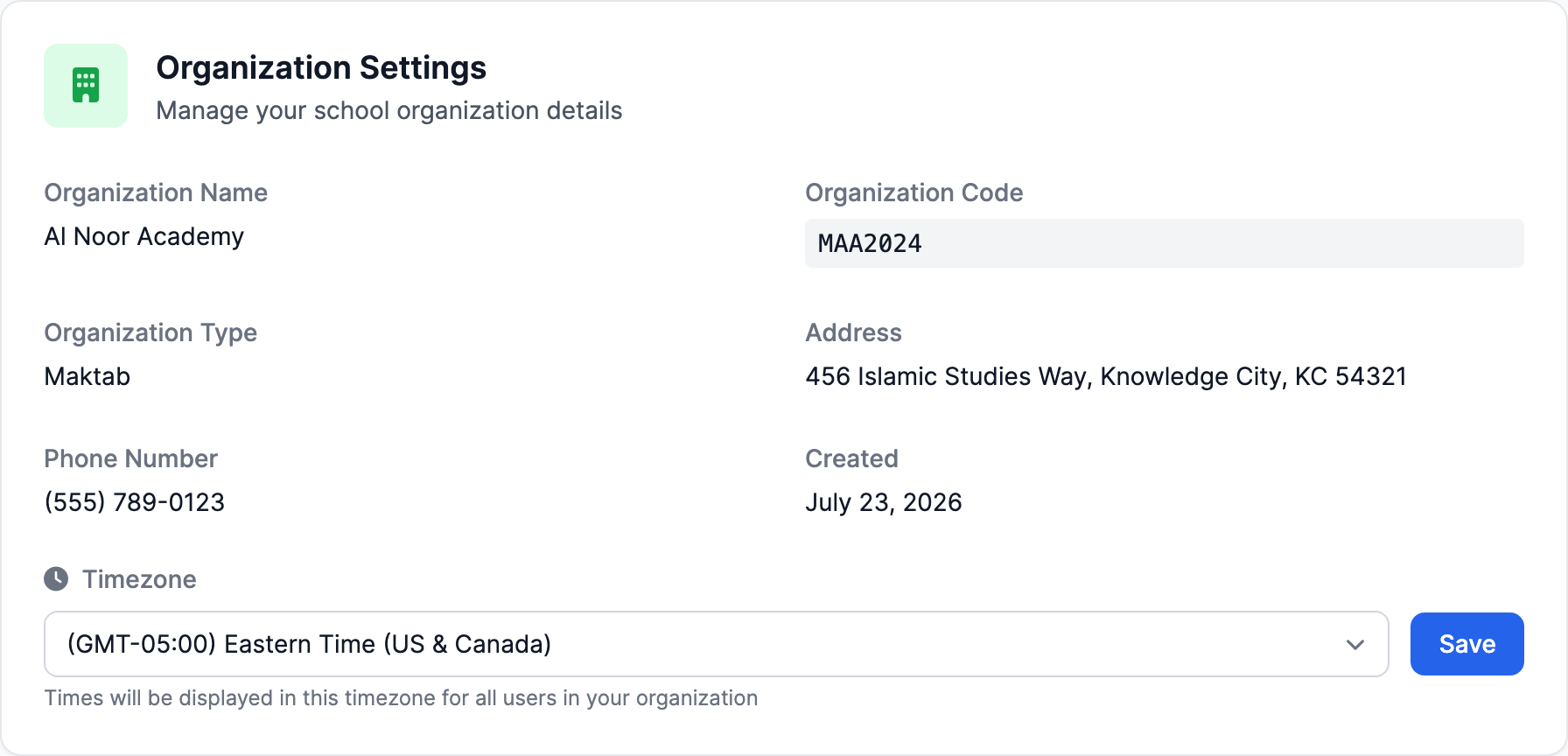 The Organization Settings card on the Settings page Profile tab, with the Timezone dropdown set to (GMT-05:00) Eastern Time (US & Canada) and a Save button.