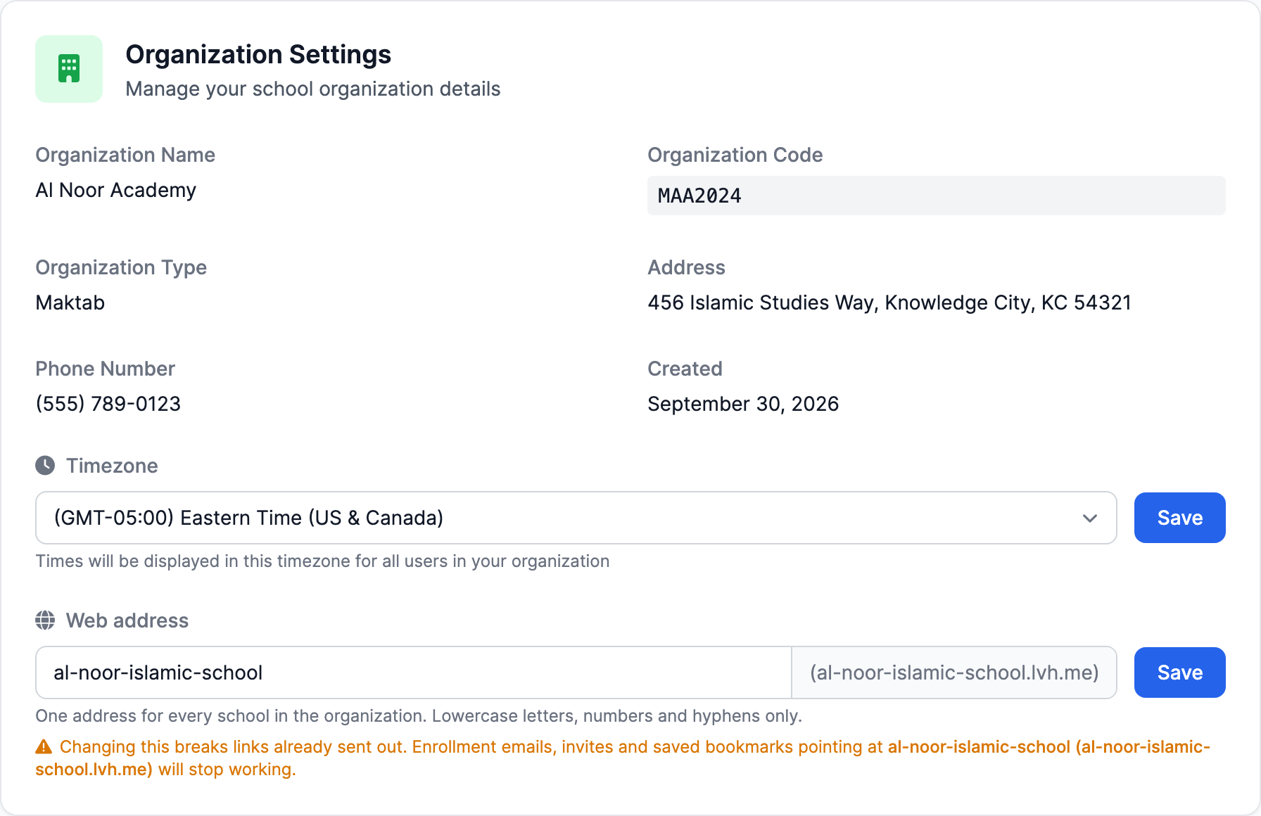 Organization Settings with the shared Timezone dropdown and Save button.