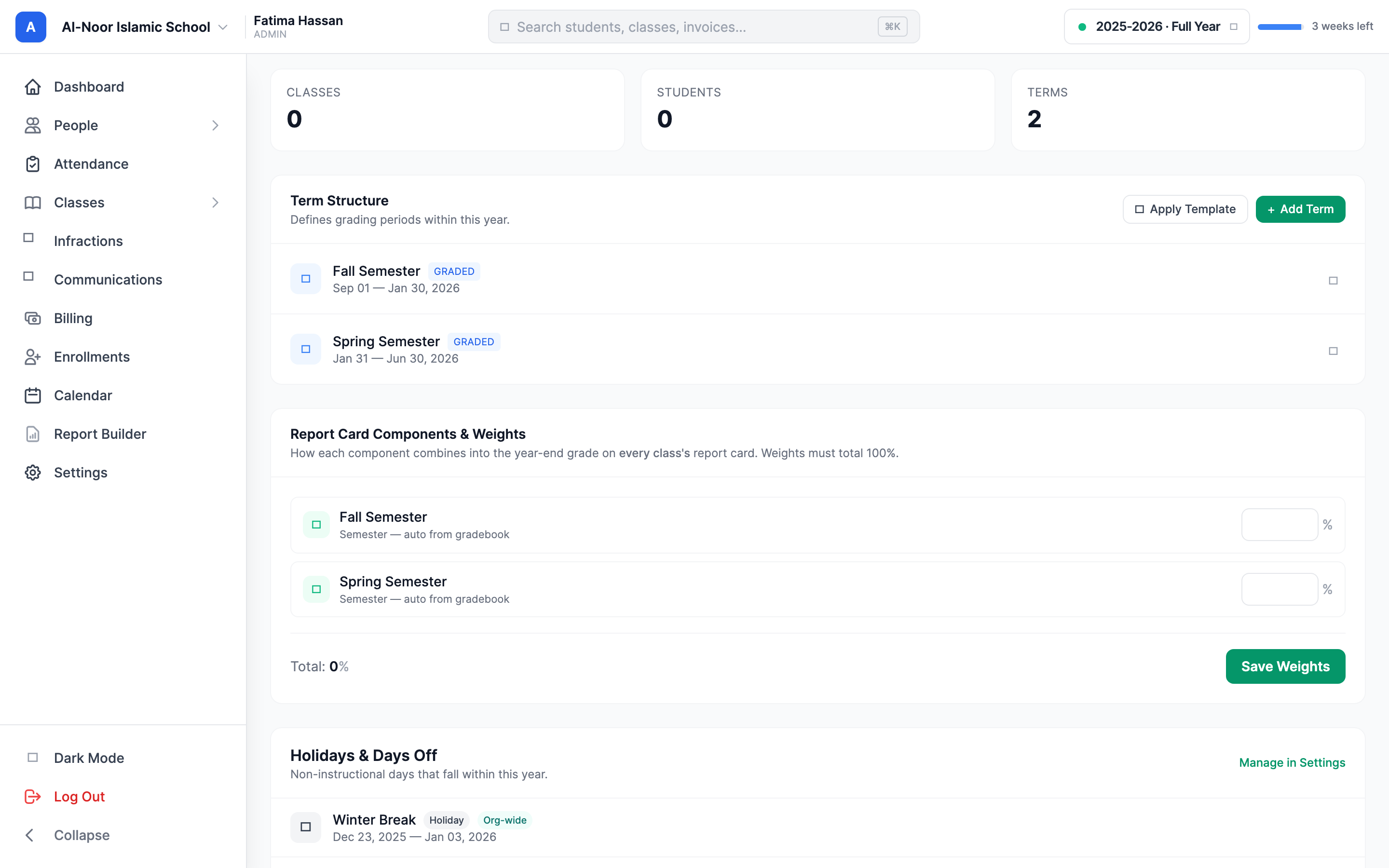 The Report Card Components and Weights section on a year detail page, listing each top-level term with a weight percentage input, a live running total, and the Save Weights button.