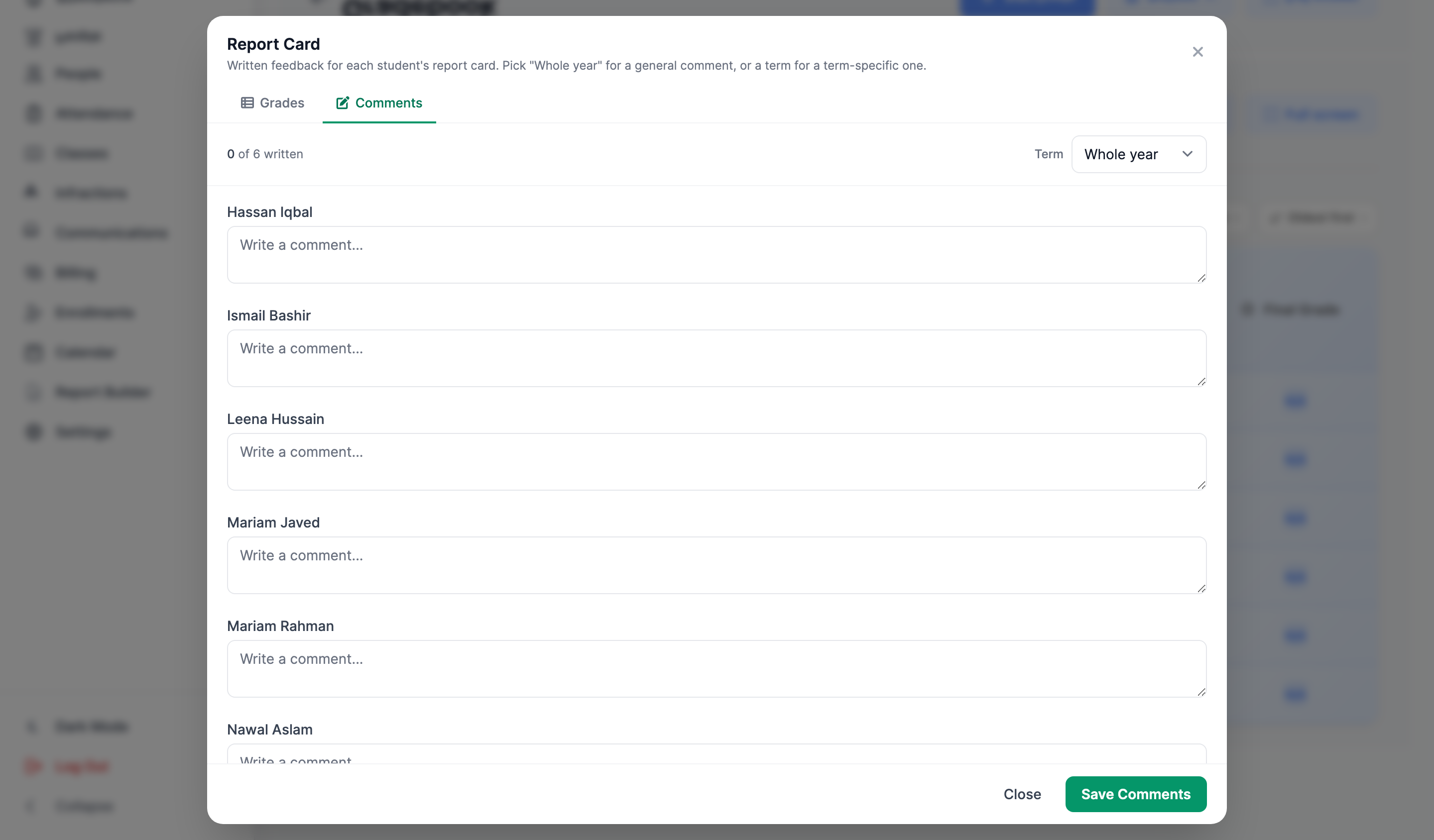 The Report Card window's Comments tab, with the Whole year selector, student comment fields, and Save Comments button.