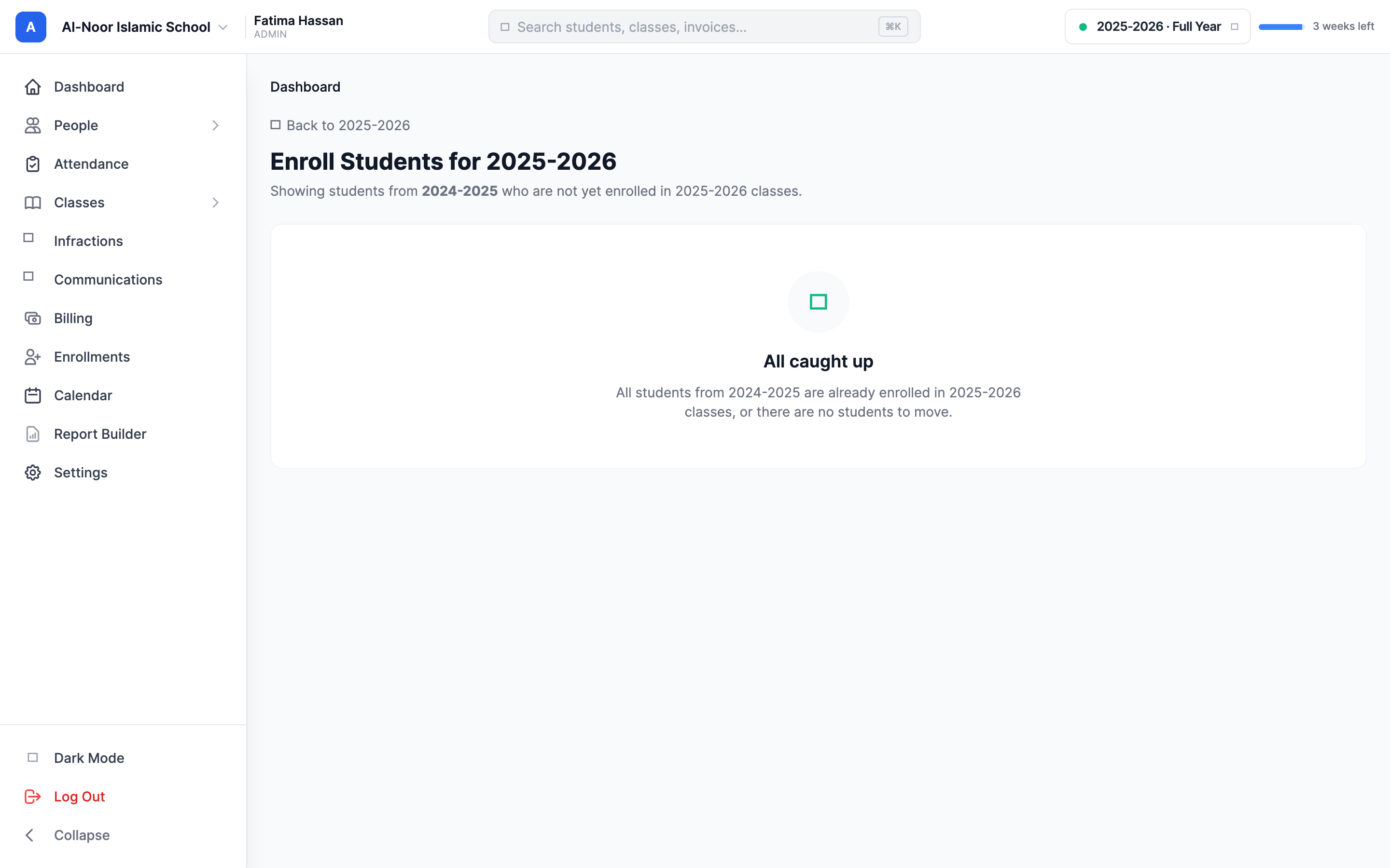 The Bulk Enroll page titled Enroll Students for the new year, showing the Suggested Enrollments table with a select-all checkbox, a Student column, a From (Previous Year) column, a To column with a per-row class dropdown, and the Enroll Selected Students button.