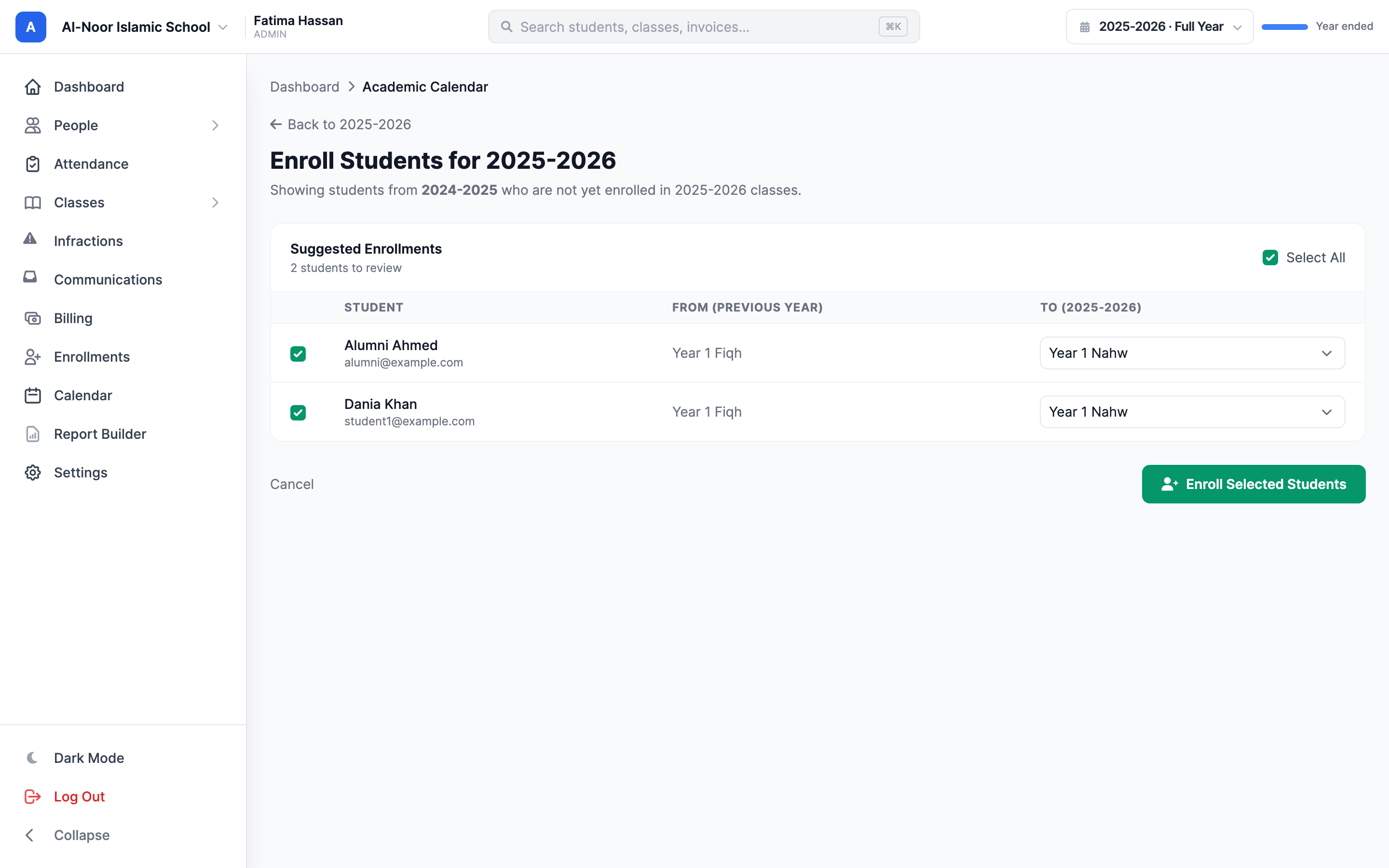 The Bulk Enroll page titled Enroll Students for the new year, showing the Suggested Enrollments table with a select-all checkbox, a Student column, a From (Previous Year) column, a To column with a per-row class dropdown, and the Enroll Selected Students button.